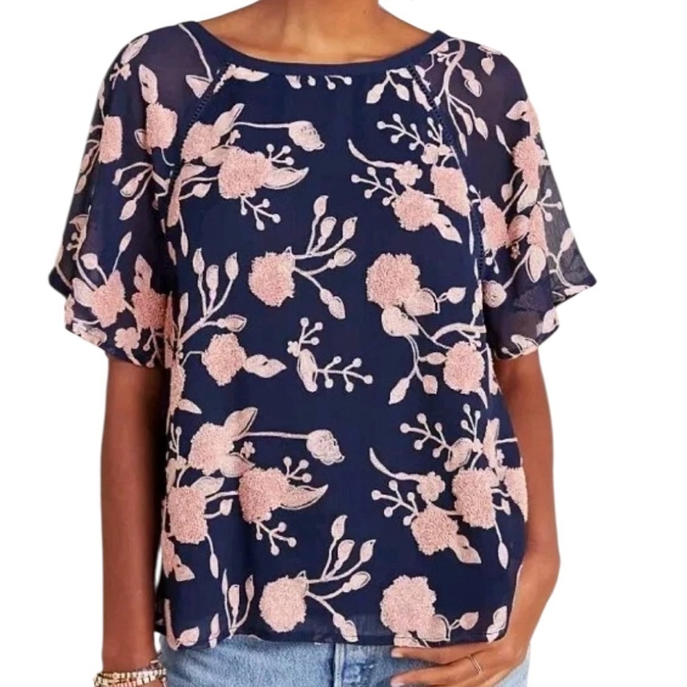 MAEVE Franca Short Flutter Sleeve Floral Embroidered Blouse Size Small